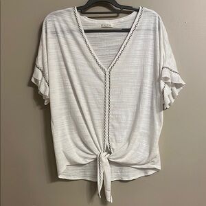 Max Studio White V-Neck Tie-Front Top with embroidered detailing ruffle sleeves